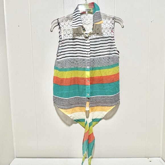 Oh My Julian Sheer Sleeveless Shirt Lace Stripe Colorblock Size Large - Picture 1 of 6